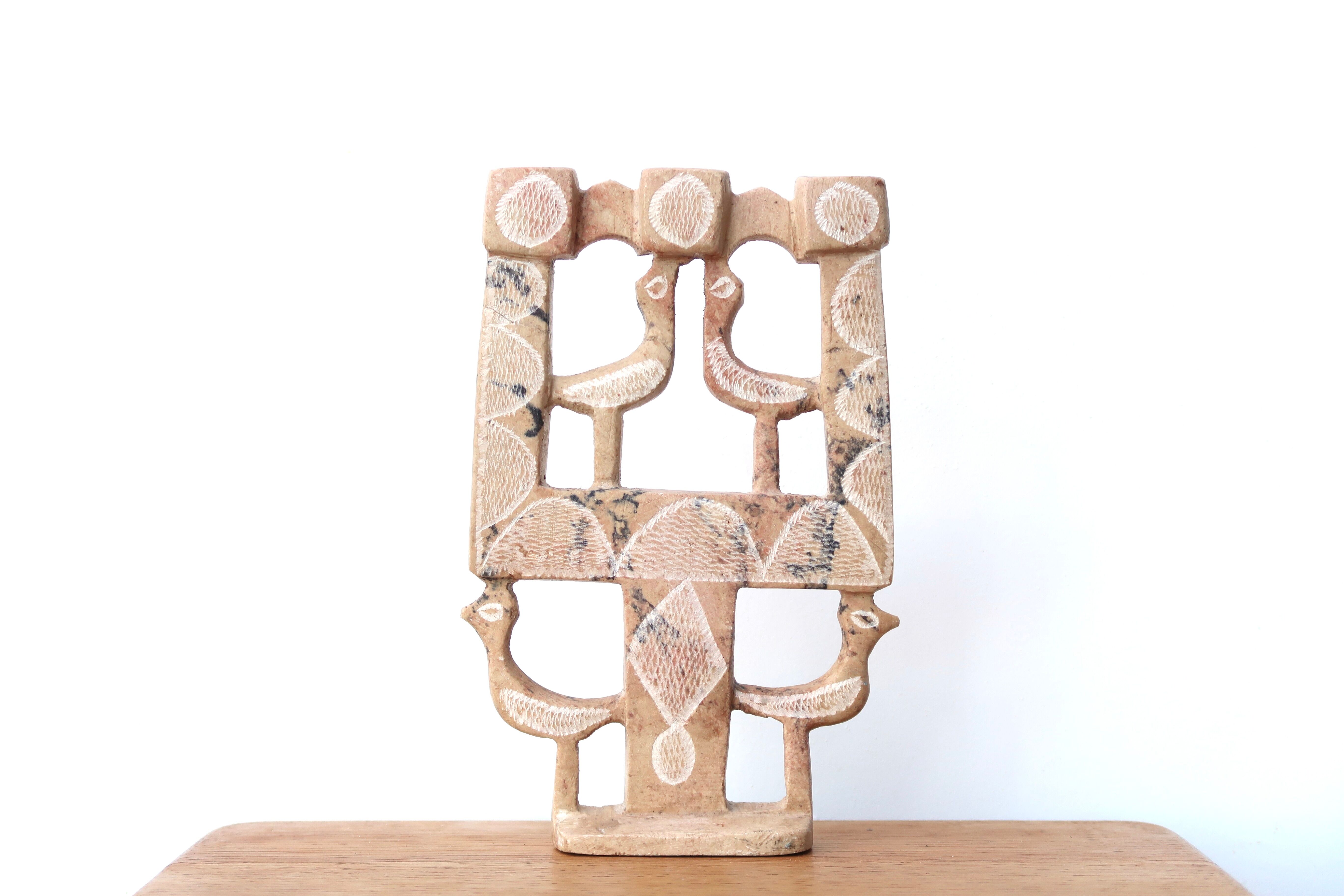 Moroccan candle holder in stone decorated with birds, 70s