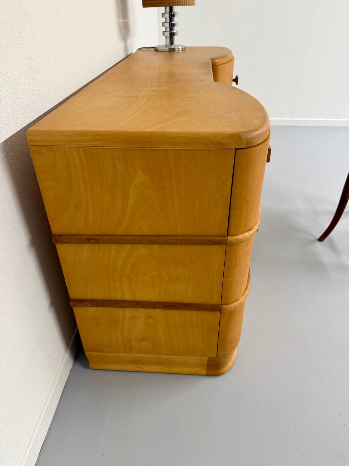 Old beech desk in art deco style with drawer, vintage 60s