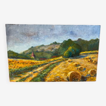 Oil on canvas "Fields and village" signed Denise Porcherot