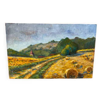 Oil on canvas "Fields and village" signed Denise Porcherot