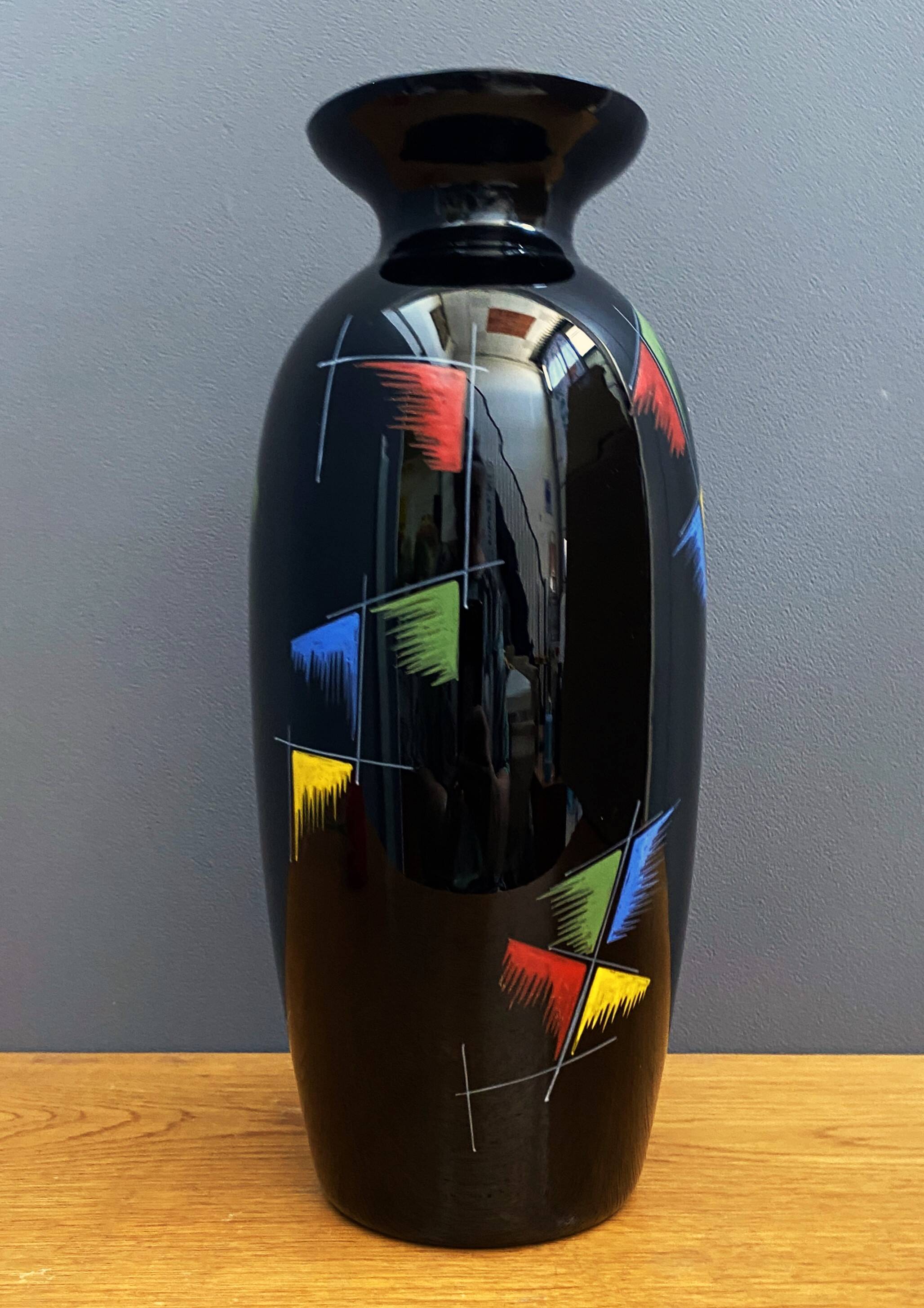 Black glass vase with red, green, blue and yellow details 1960s