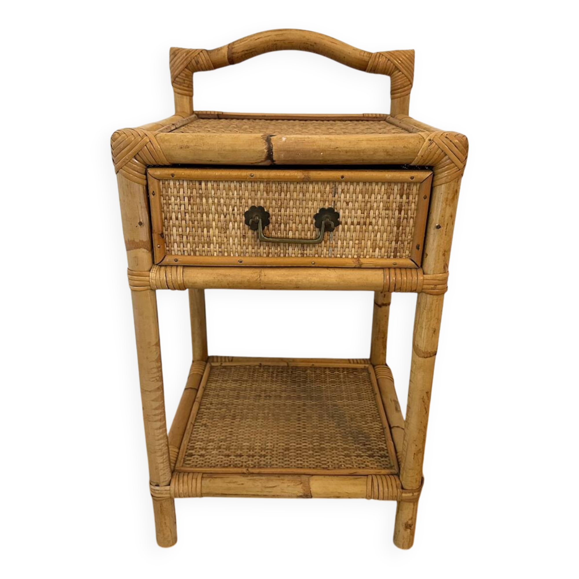 Antique rattan bedside table with vintage drawer