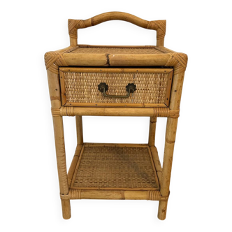 Antique rattan bedside table with vintage drawer