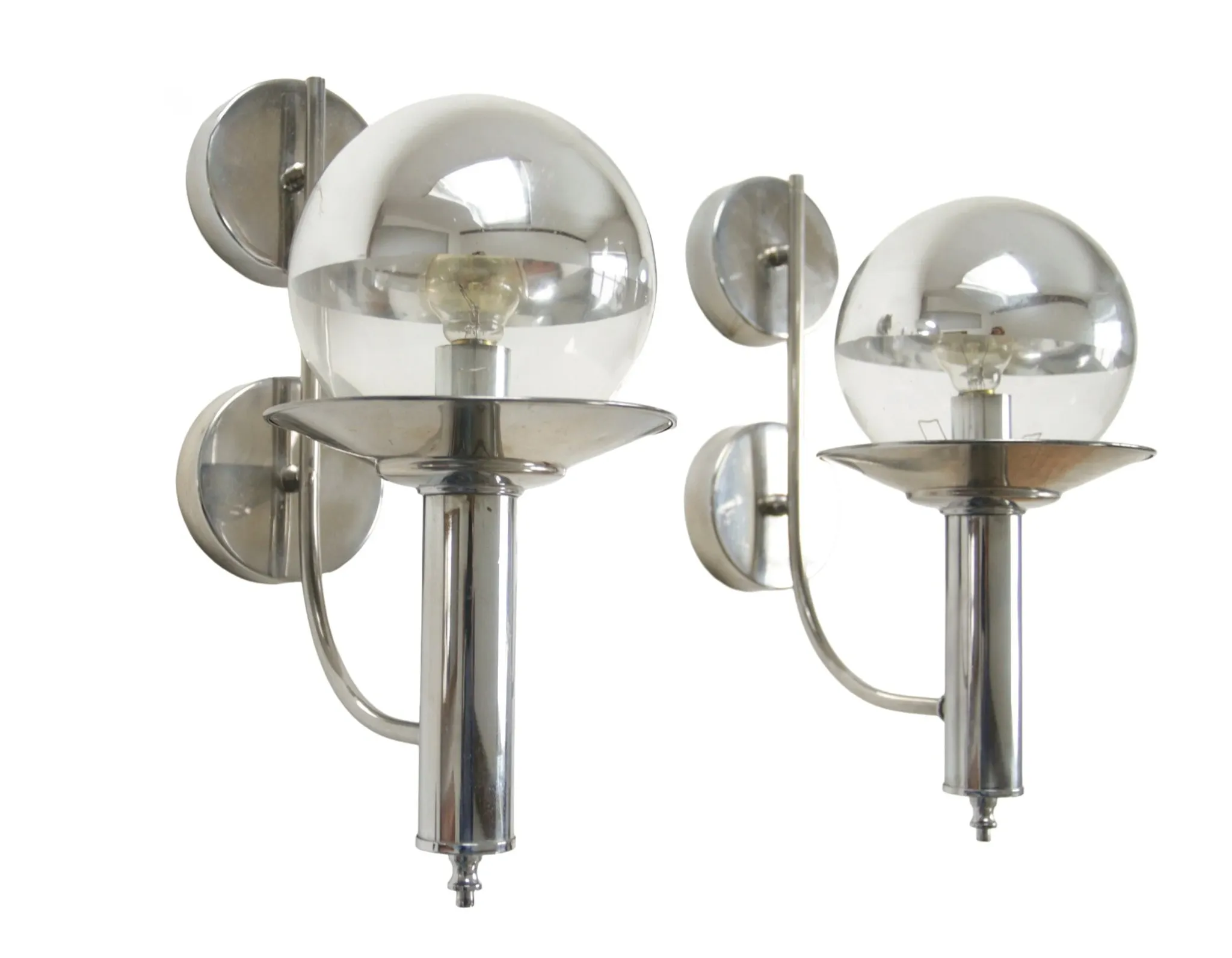 Pair of European mid-century chrome wall sconces with mirrored globe shades