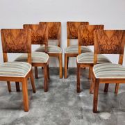 Set of six Art Deco dining chairs in walnut root veneer, 1940s.