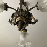 Ancien lustre cage en bronze et 4 feux tulipe