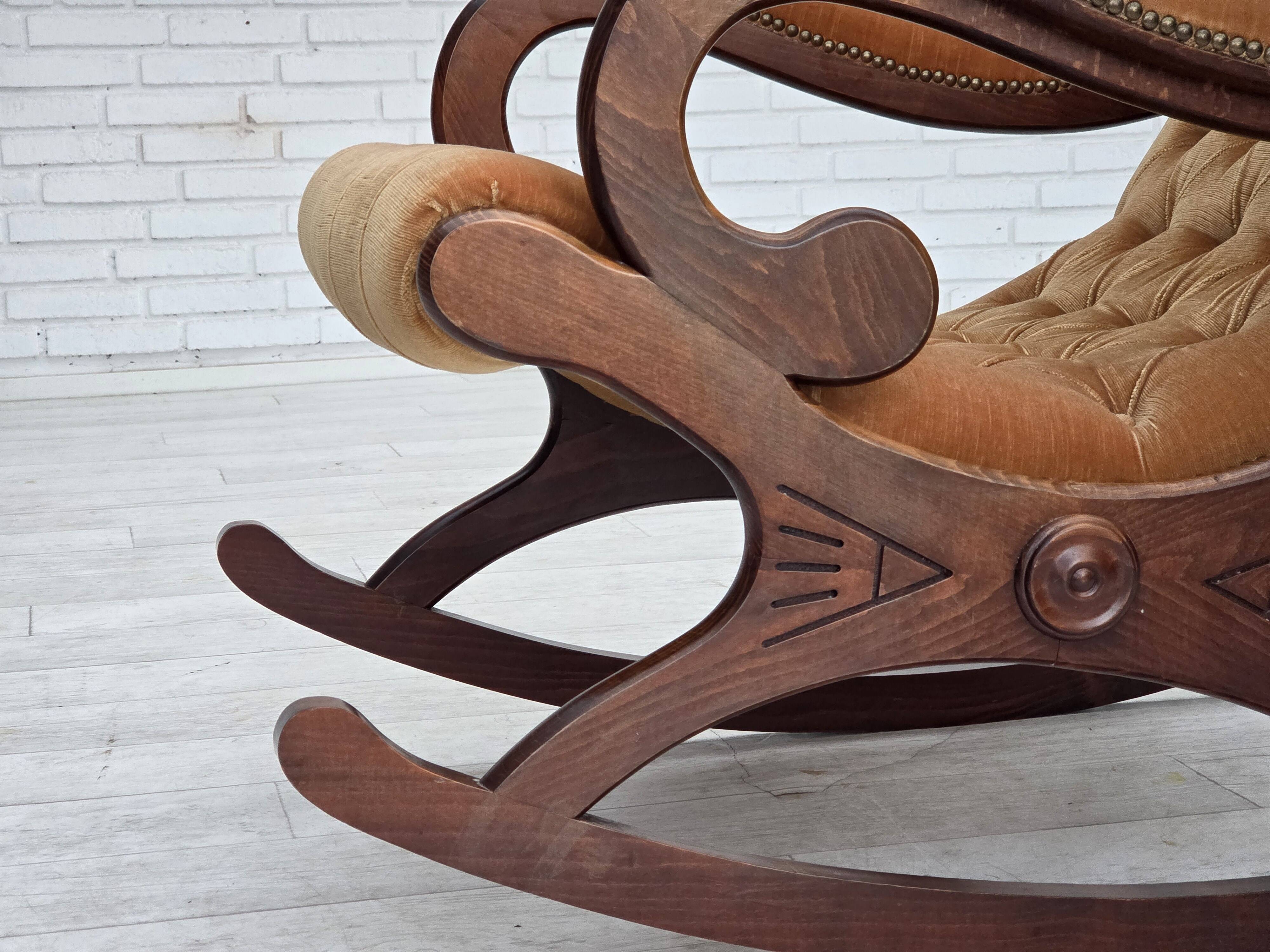 1960s, Scandinavian rocking chair, furniture velour, dark beech wood.