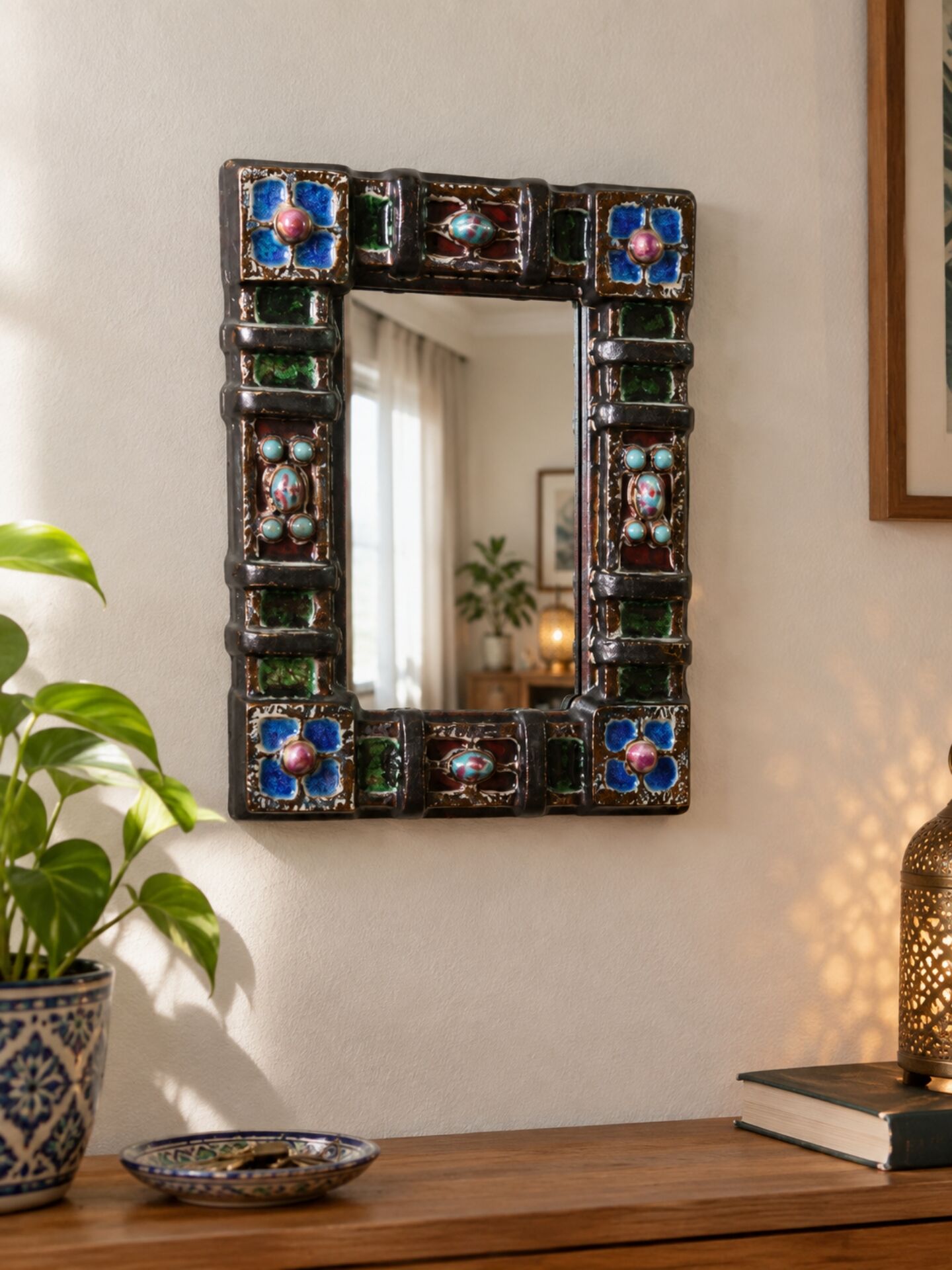 Polychrome ceramic mirror with cabochons — Jules Guérin