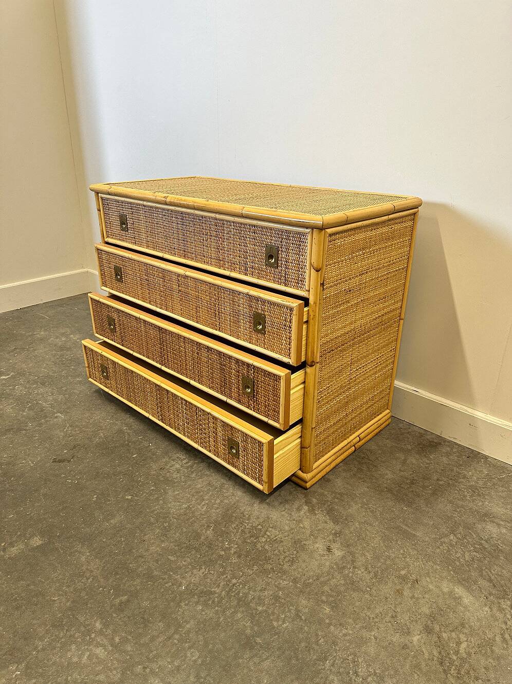 Midcentury bamboo, rattan and brass chest of drawers by Dal Vera, Italy, 1970s