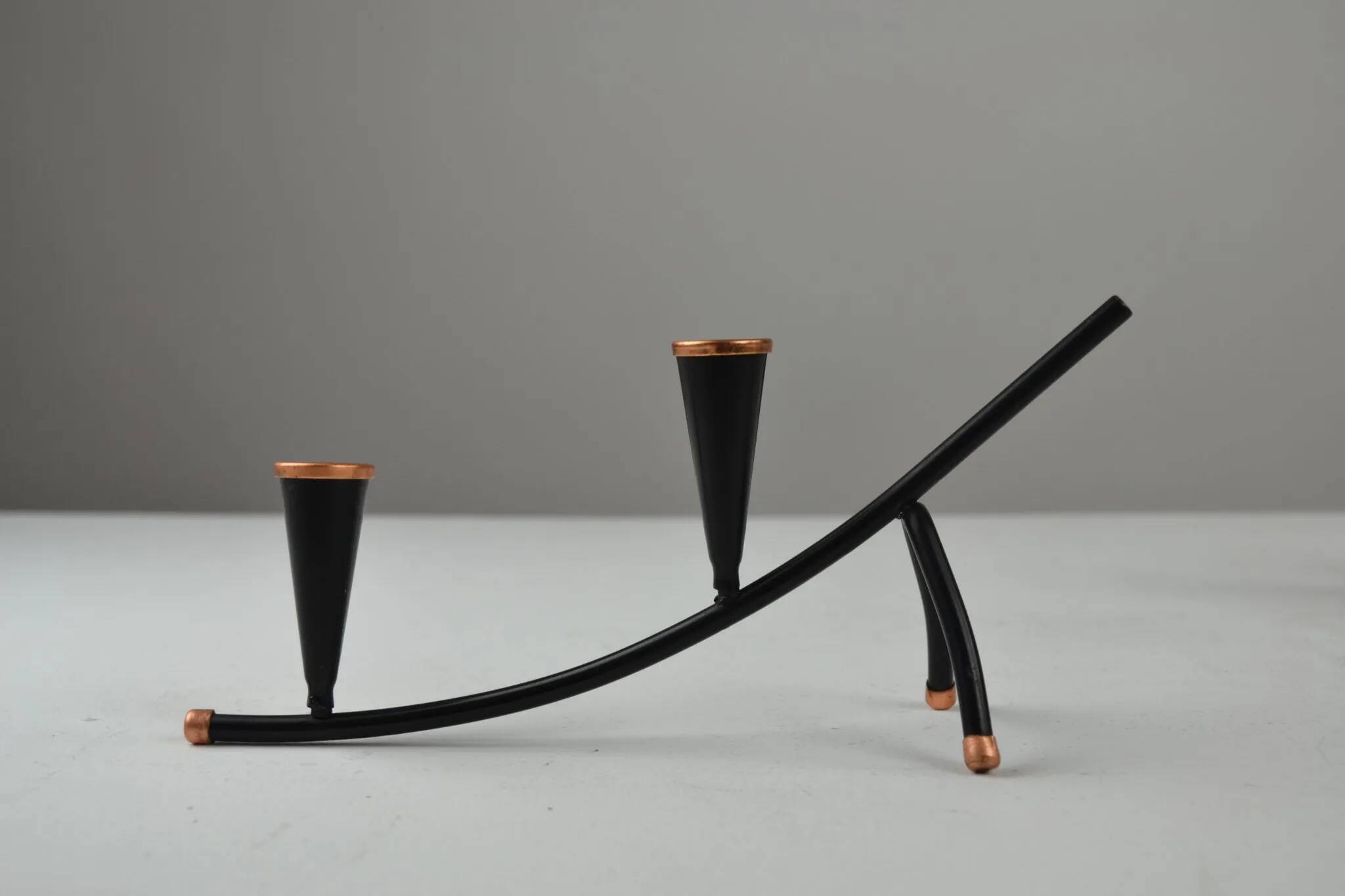 Black Painted Metal Candle Holder with Copper Detailing – Gunnar Ander for Ystad-Metall, Sweden, 1950s