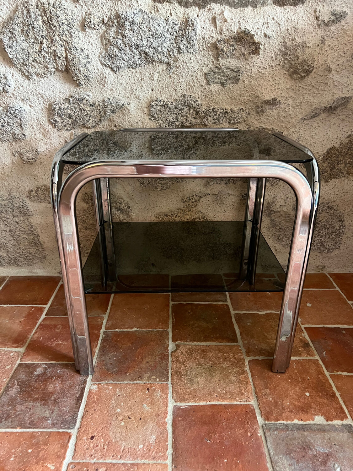 Chrome end table/side table and smoked glass