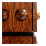 Italian brutalist-style bar made of wood and glass, drinks cabinet.