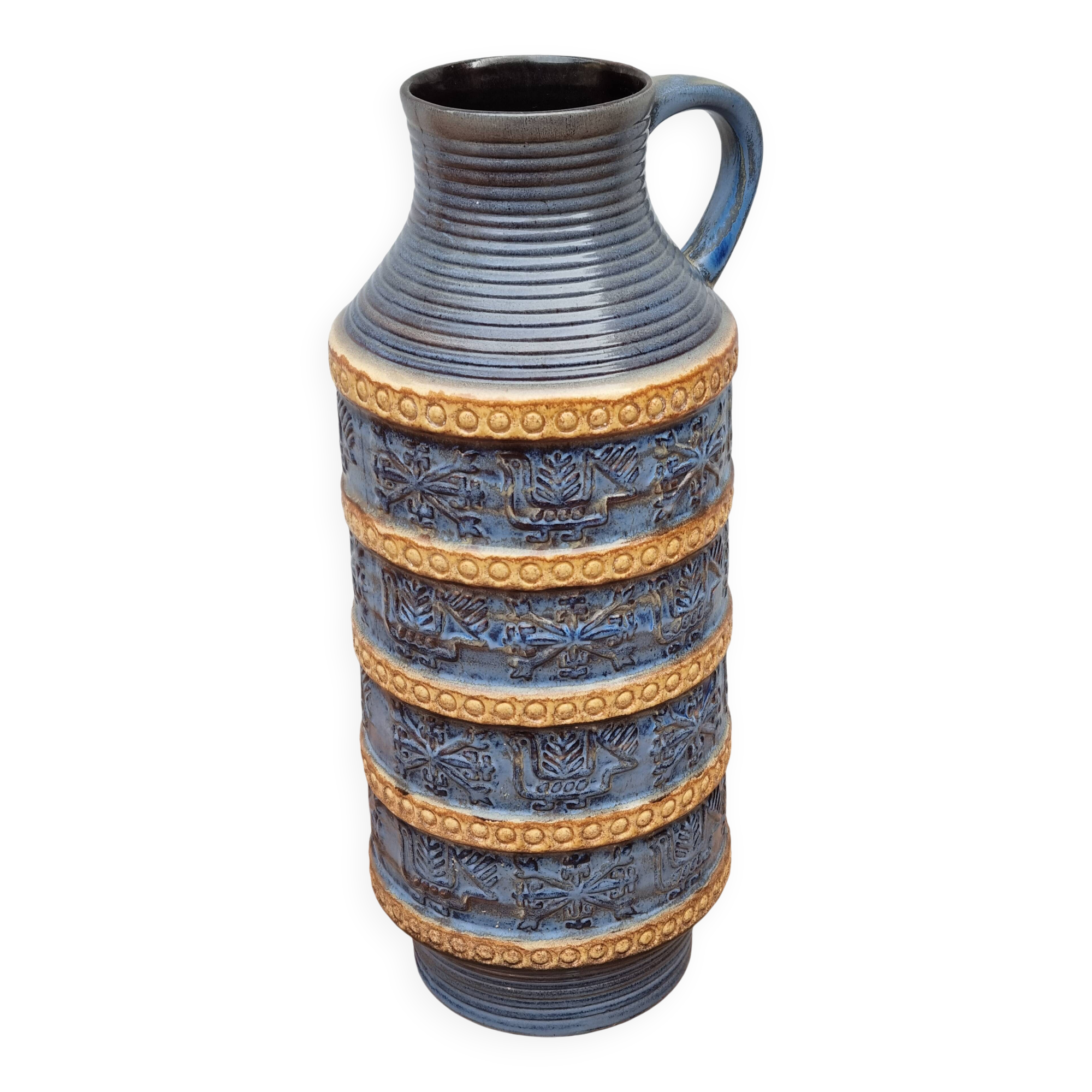 Large Bay Keramik vase in blue and ochre ceramic – West Germany, 47 cm