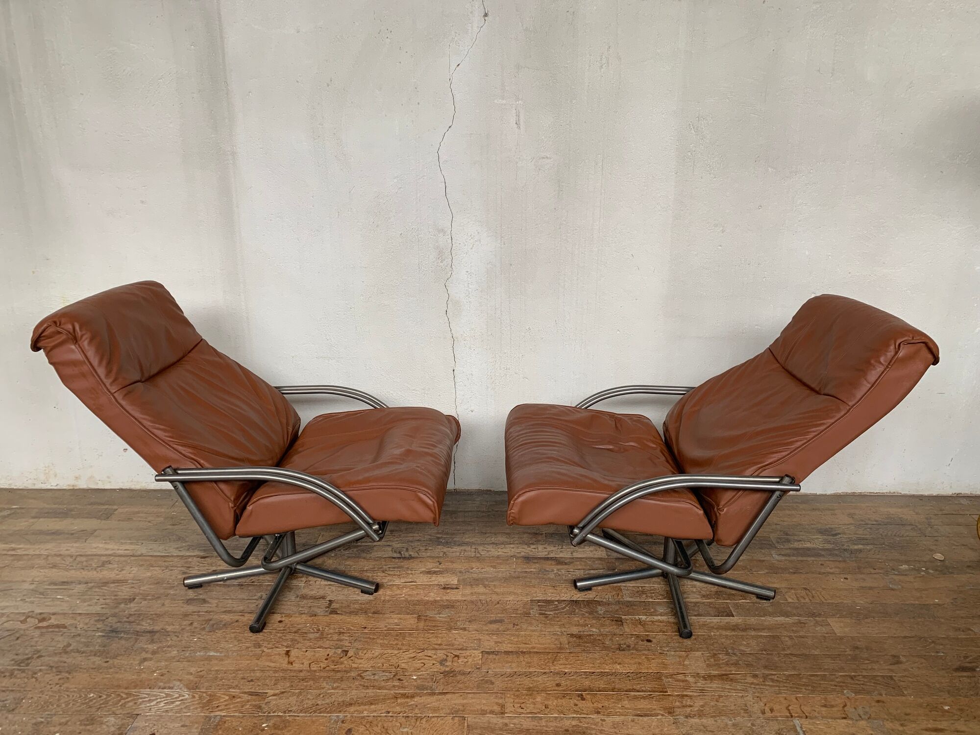 Pair of Scandinavian leather relax vintage armchairs brand Kebe