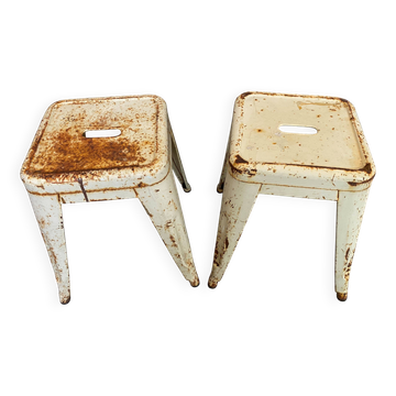 Authentic pair of Xavier Pauchard industrial Tolix metal stools 50