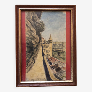 Aquarelle 1910 rocamadour de robert dessales-quentin, lot 46, citadelle balcon médiéval, cadre