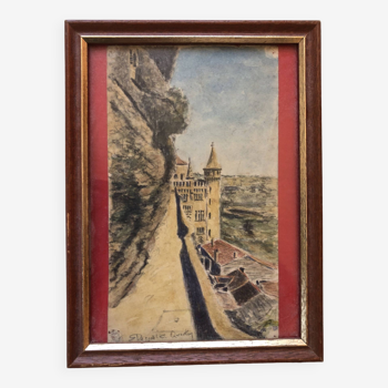 Watercolor 1910 rocamadour by robert dessales-quentin, lot 46, citadel medieval balcony, frame