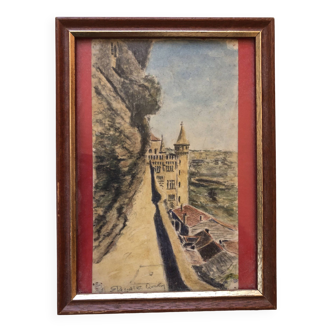 Watercolor 1910 rocamadour by robert dessales-quentin, lot 46, citadel medieval balcony, frame