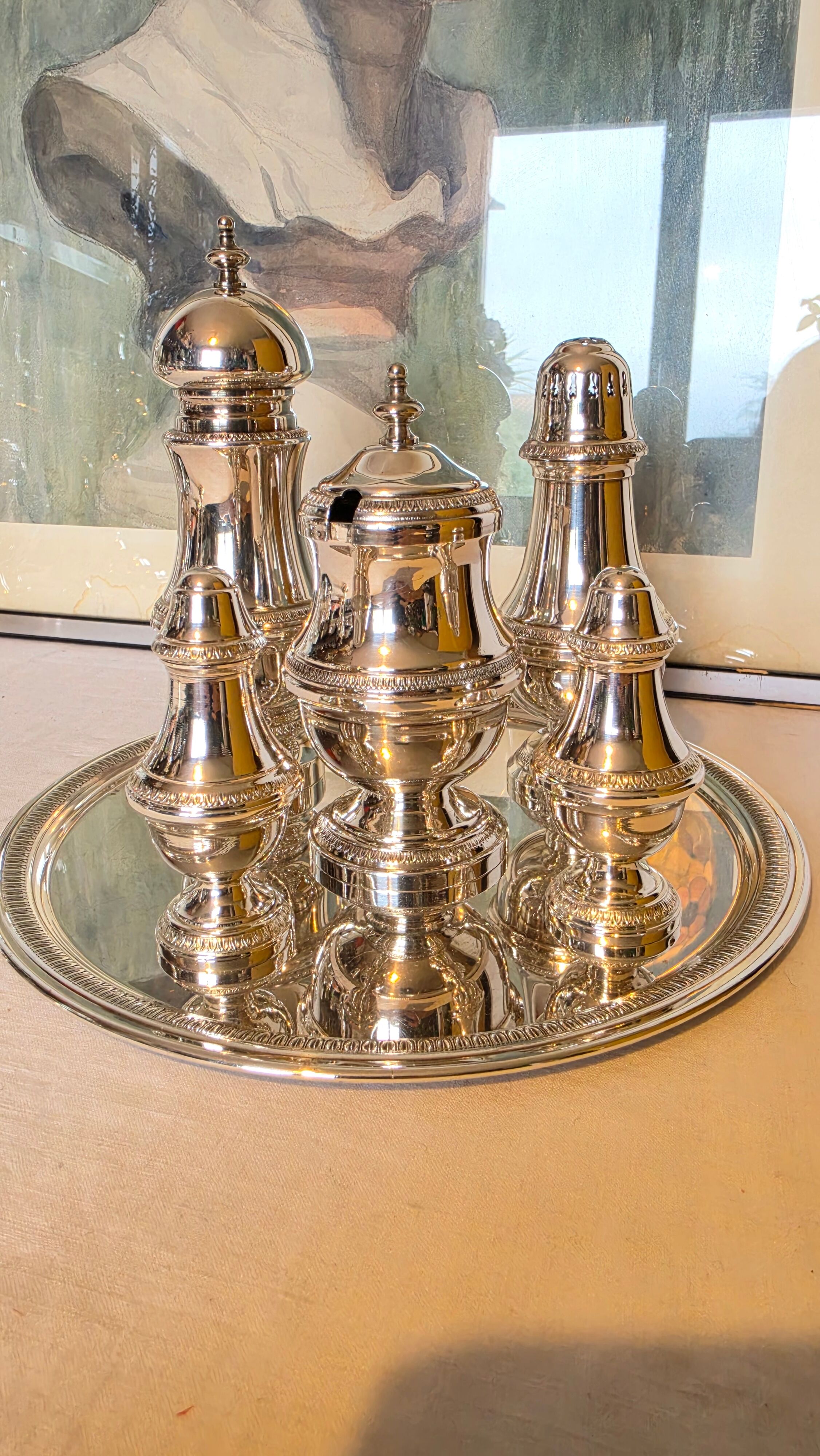 Exclusive 6-piece silver-plated spice service, classic Georgian style.