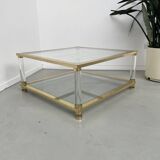 Table basse lucite, laiton et verre années 70