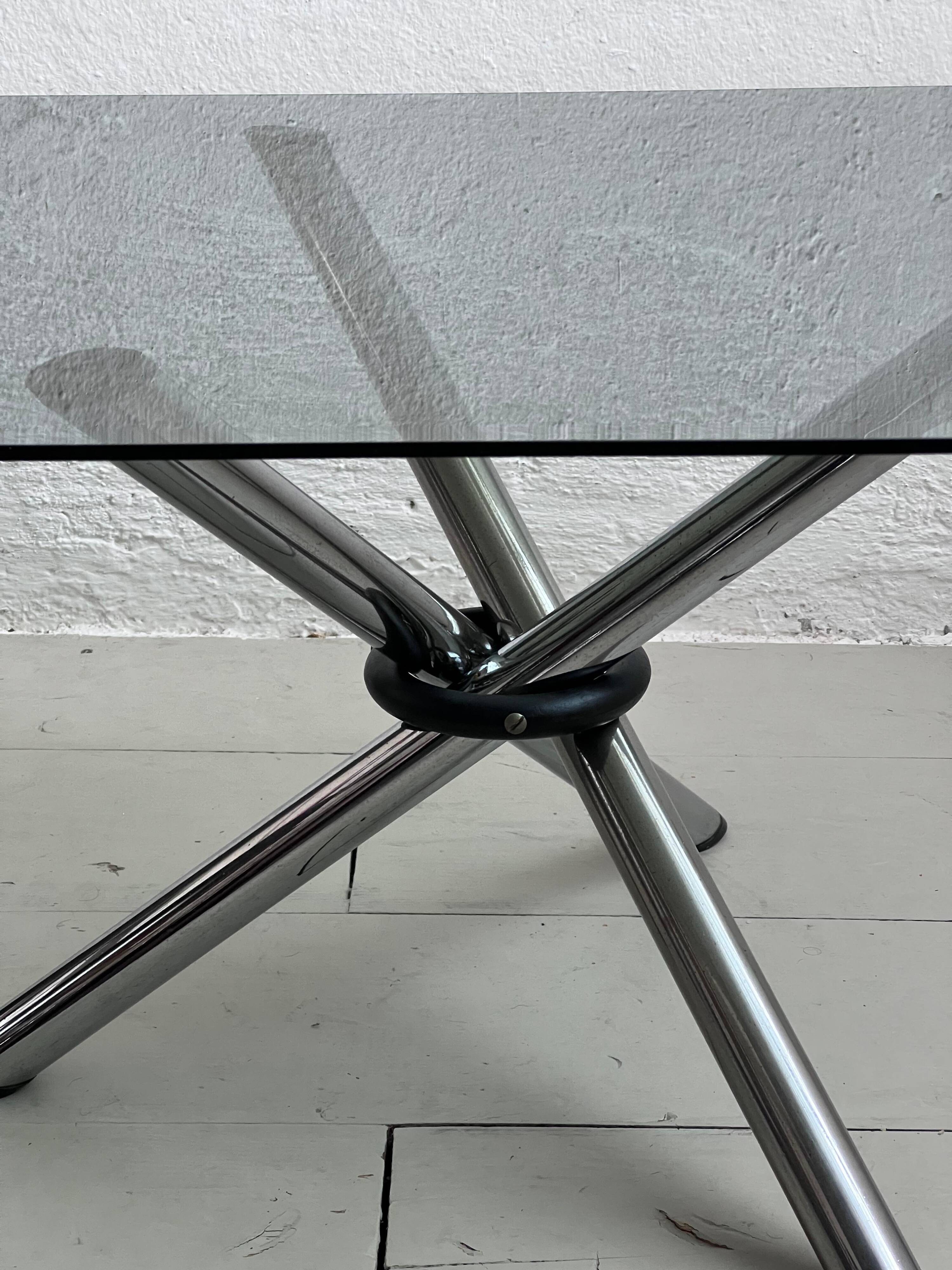 Vintage foldable coffee table, chromed tubular metal and smoked glass
