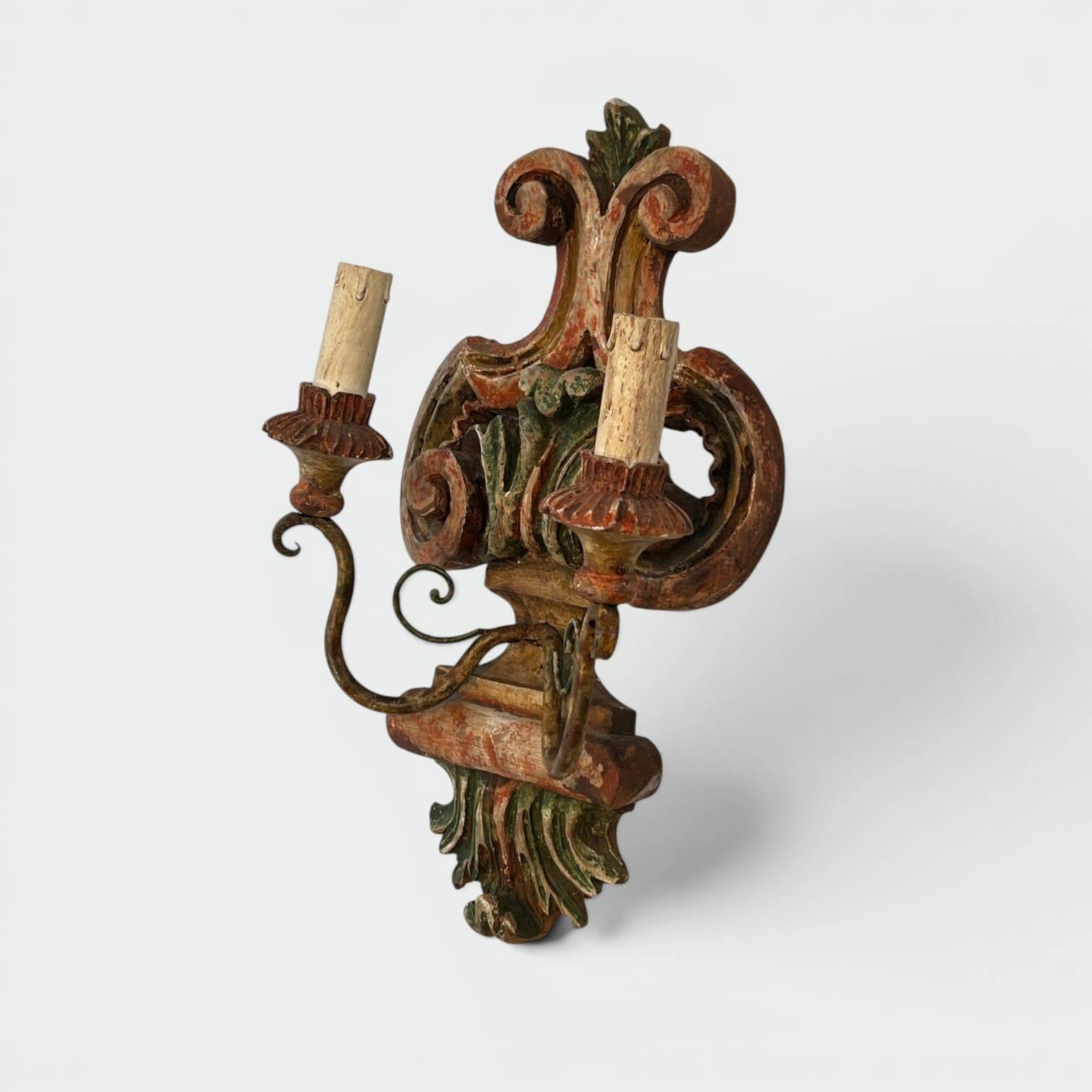 Pair of Polychrome Carved Wood Wall Lights with Vase and Acanthus. Arm in Iron.
