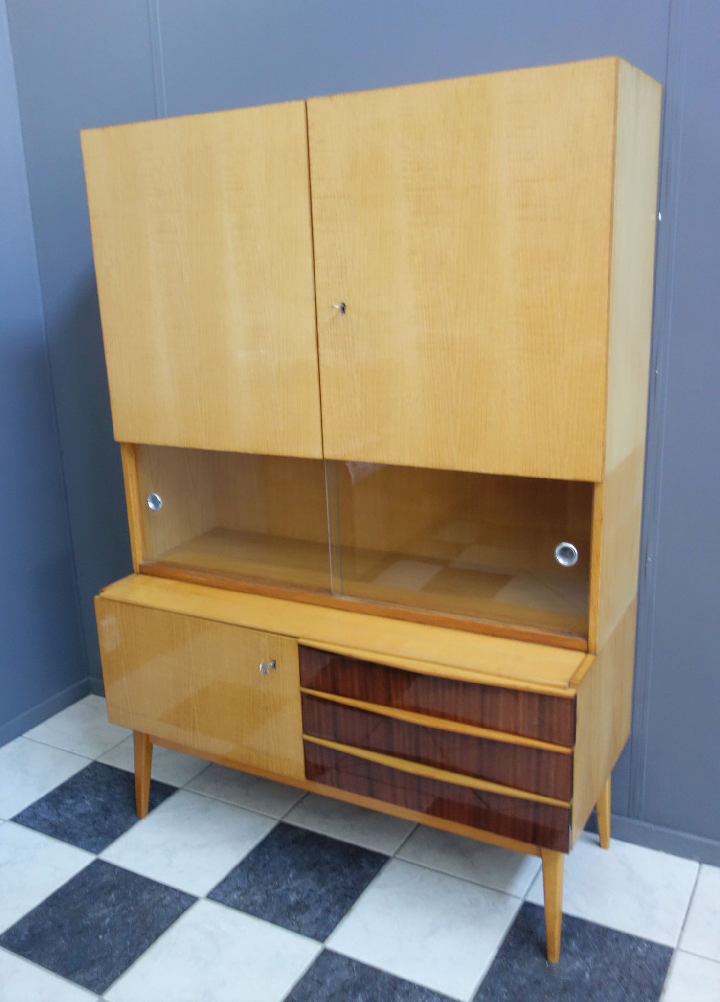 Highboard in two-tone wood with showcase part 1960s by Jitona Czech republic