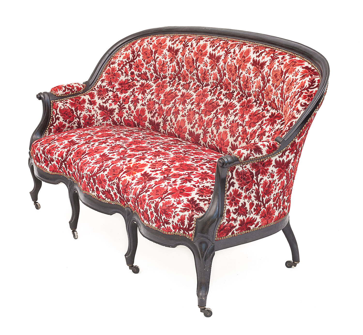 Carved wooden bench, silk velvet, 1930