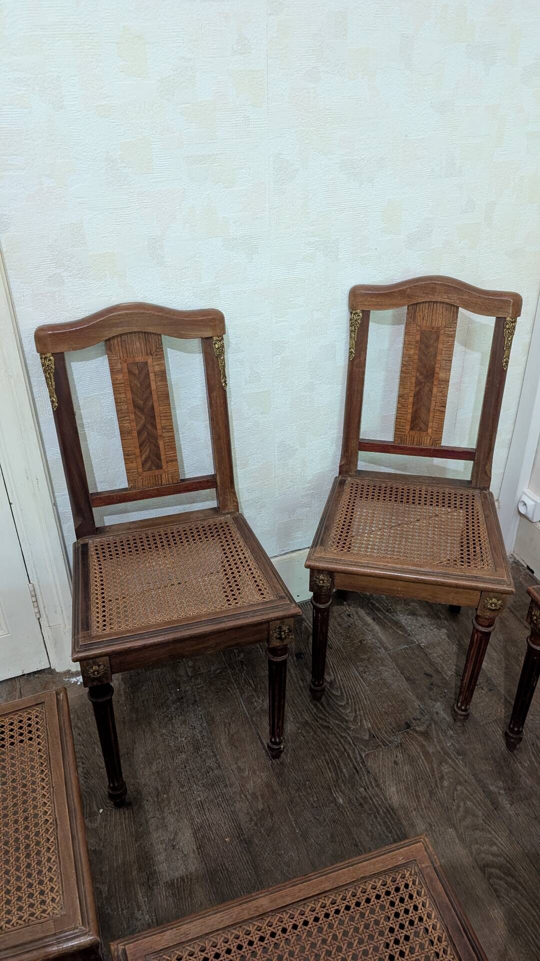 Set of 6 Louis XVI chairs in marquetry wood and caning.