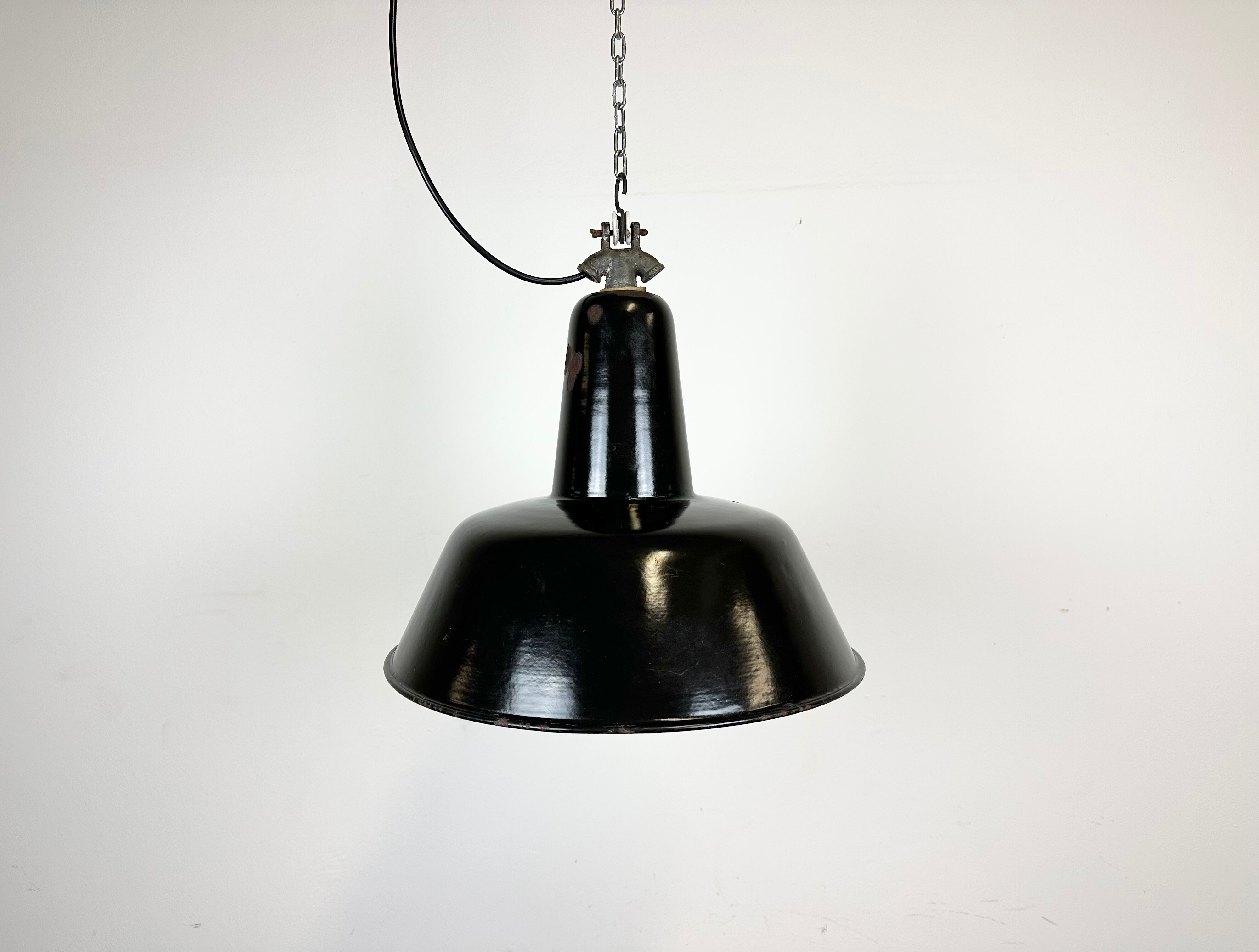 Industrial Black Enamel Factory Lamp with Cast Iron Top, 1950s