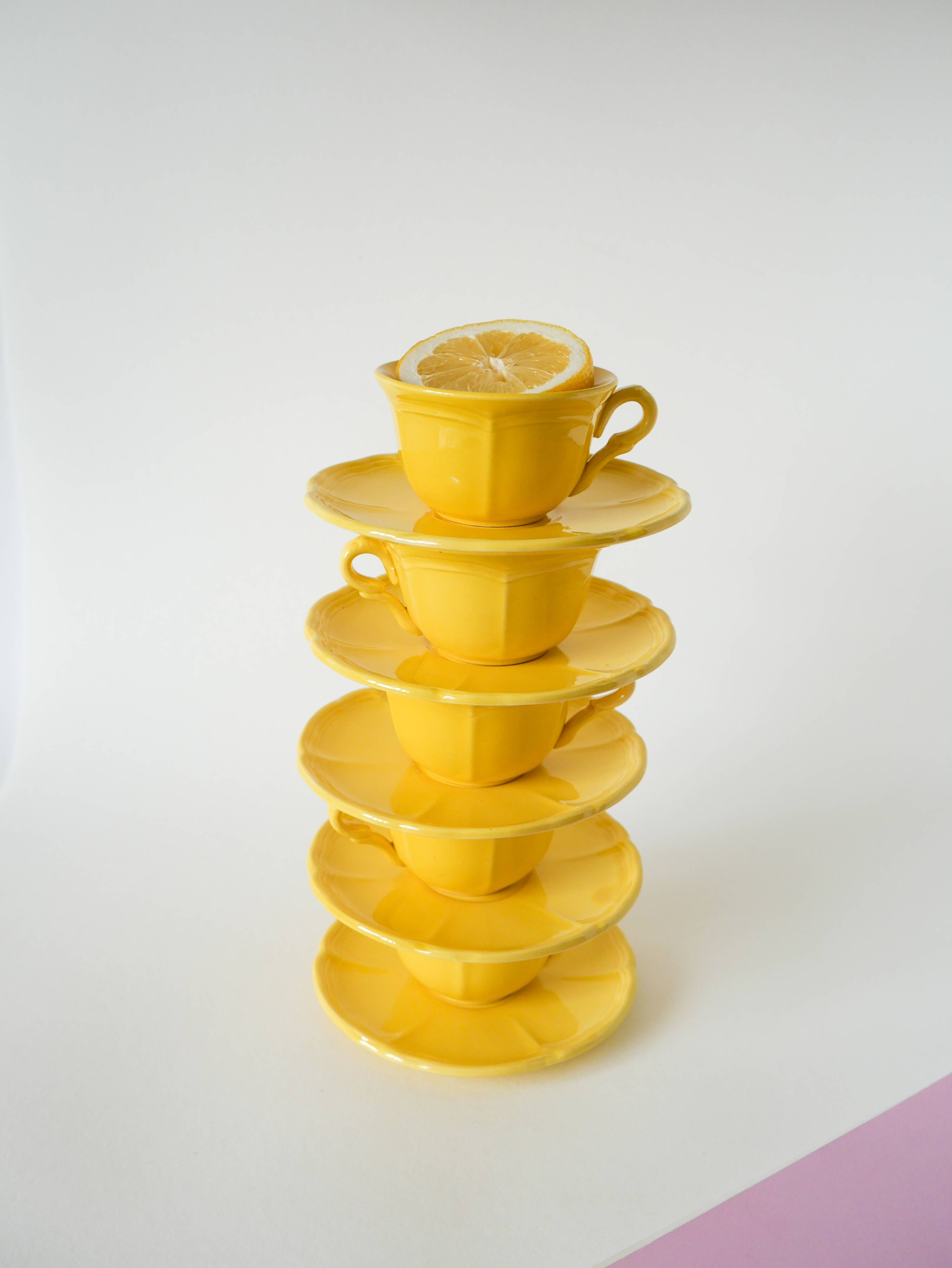 Set of 5 Badonviller lemon yellow cups and saucers, 1960