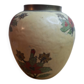 Vintage enamelled brass round vase with handmade floral decoration.