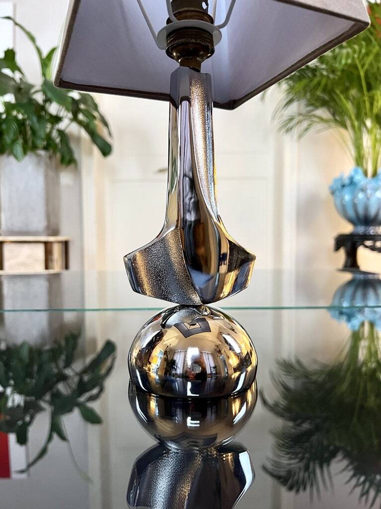 Modernist Art Deco Table Lamp in Chromed Metal - Textile Lampshade