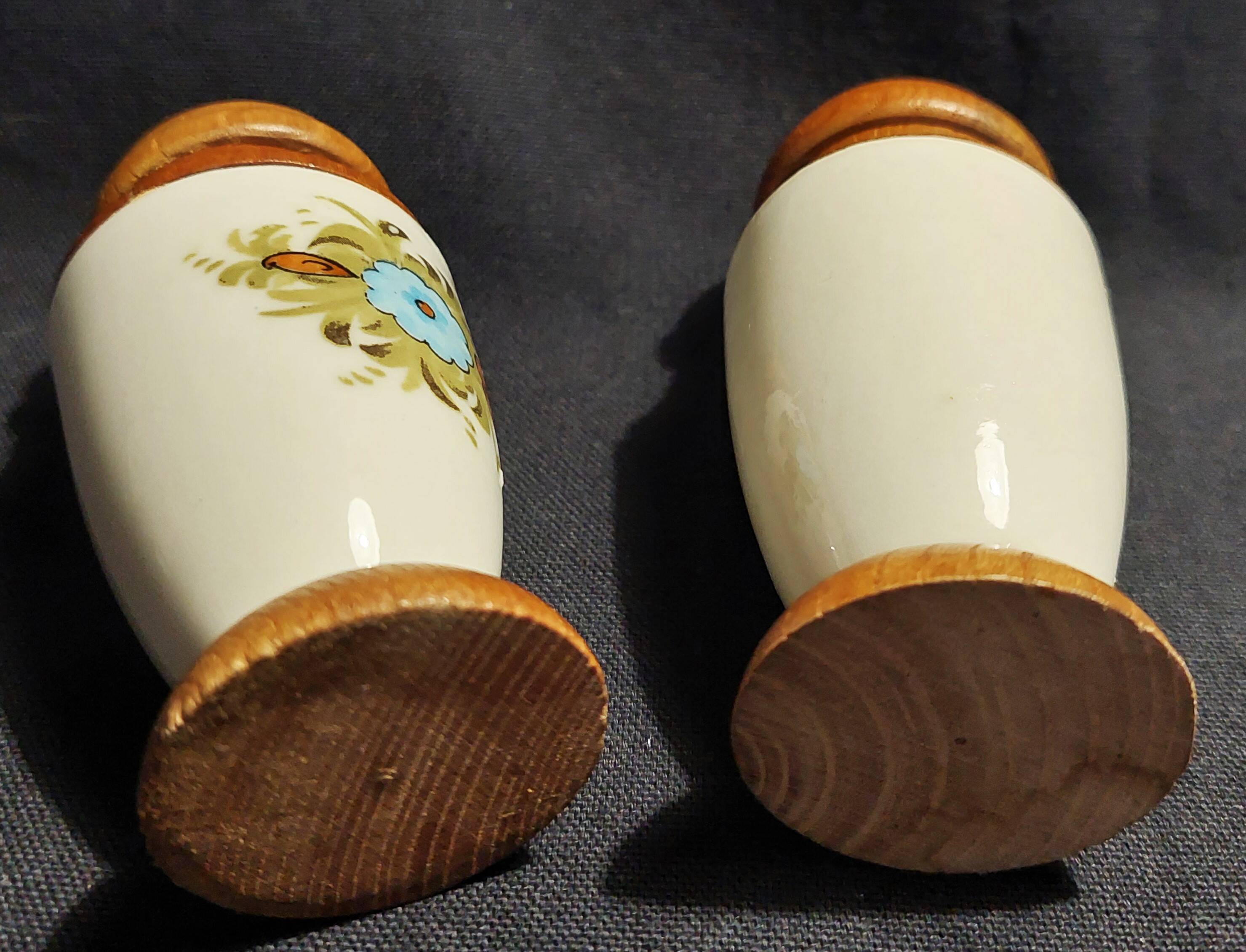 Pair of vintage ceramic and wood salt and pepper shakers