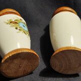Pair of vintage ceramic and wood salt and pepper shakers