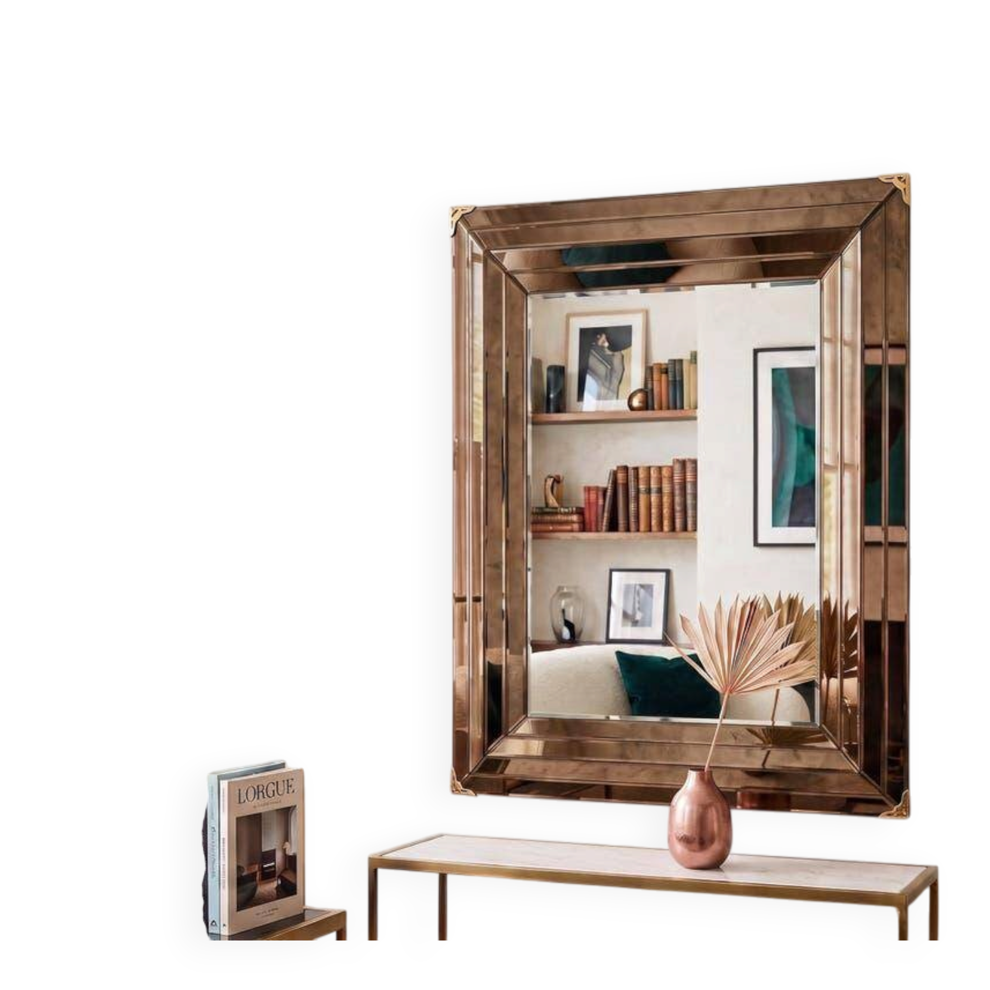 Vintage gold wall mirror with a smoked mirror border.