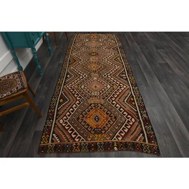 1970s Vintage Turkish Oushak Handmade Wool Cotton Orange Runner Rug 132X341