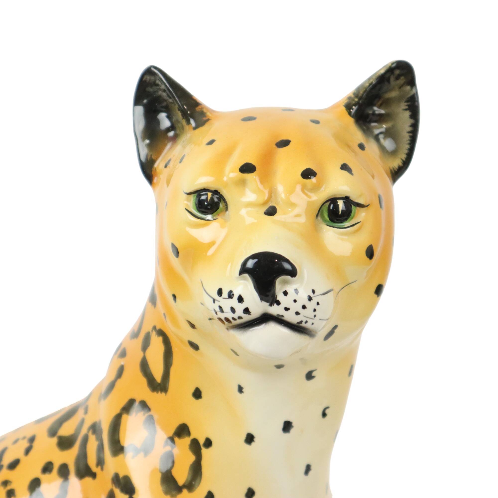Vintage Leopard Cheetah Statue Glazed Ceramic 1980s Italy