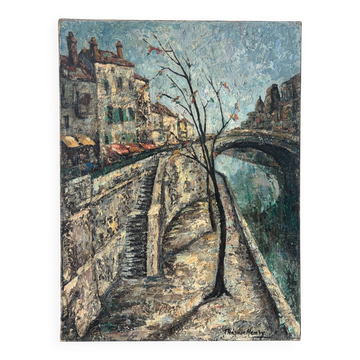 “Vieux Paris, les quais”, huile à couteau, signé Thérèse Henry