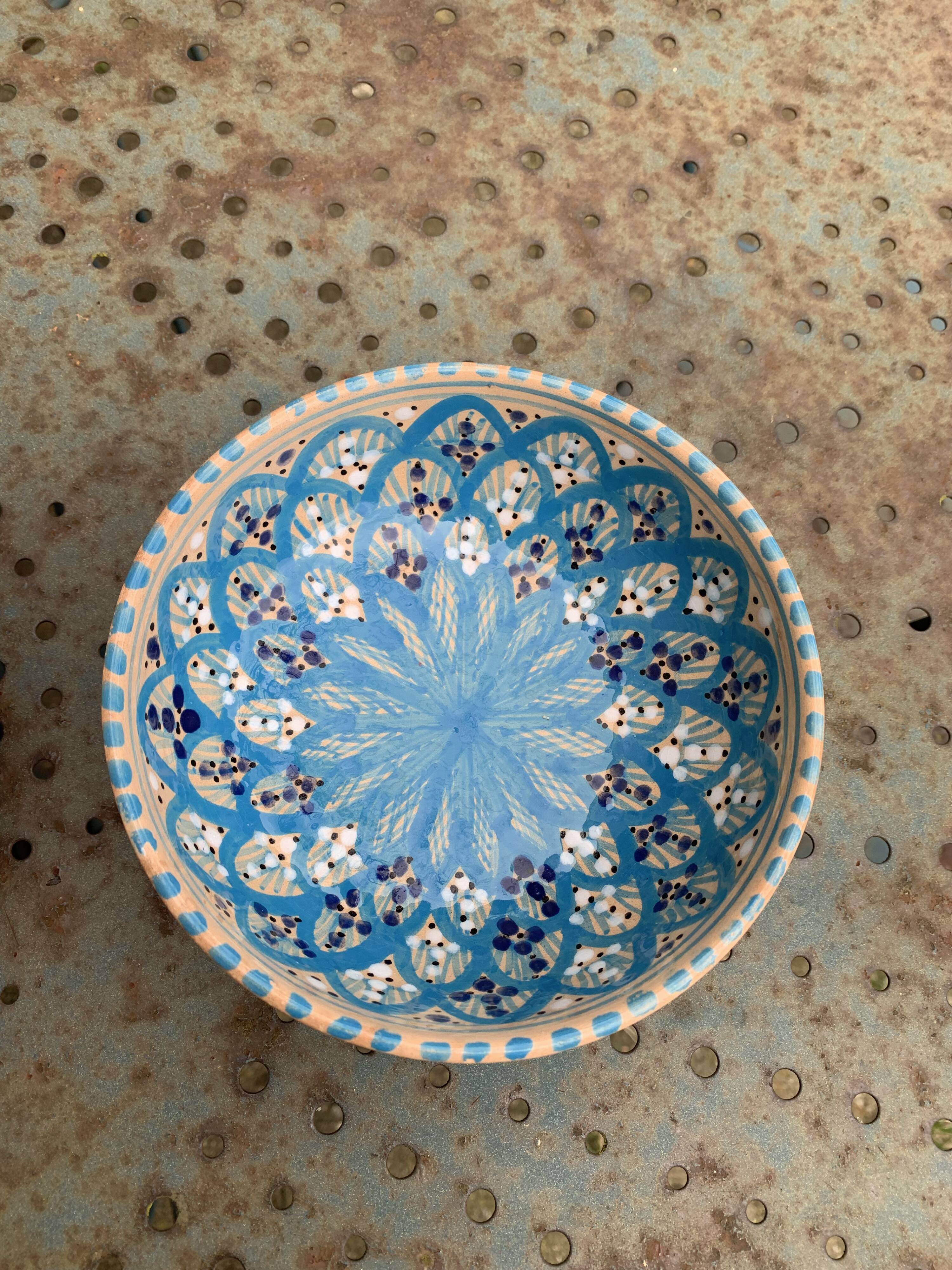 Two bowls, enameled ceramic cups, red and blue, artisanal, hand painted made in Italy