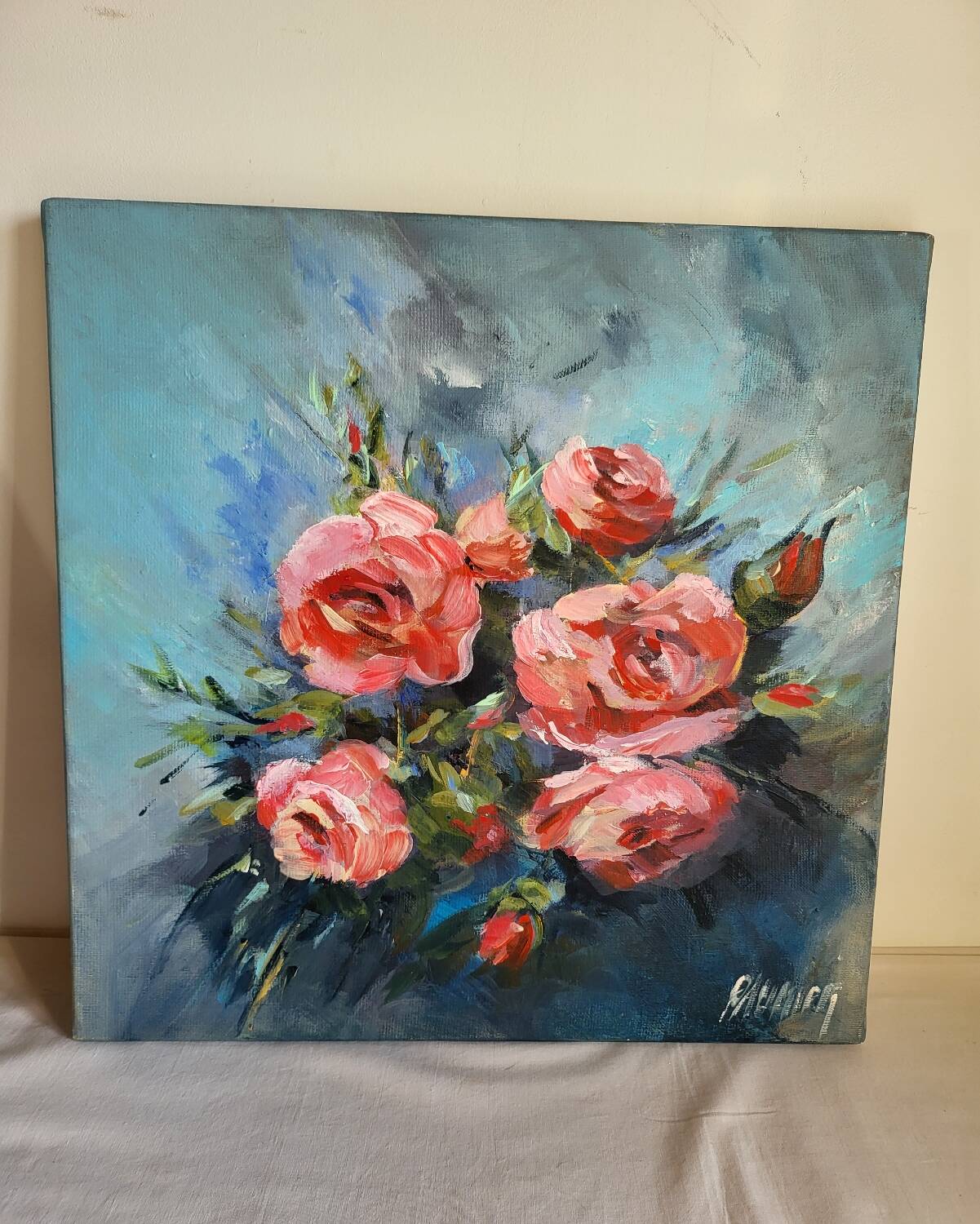 Oil on canvas painting of a bouquet of roses signed Paumier.