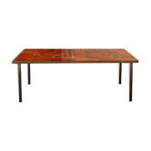 Table basse en céramique de Vallauris ocre et orange et fer noir, attribuée à la marque Roche-Bobois, 1970