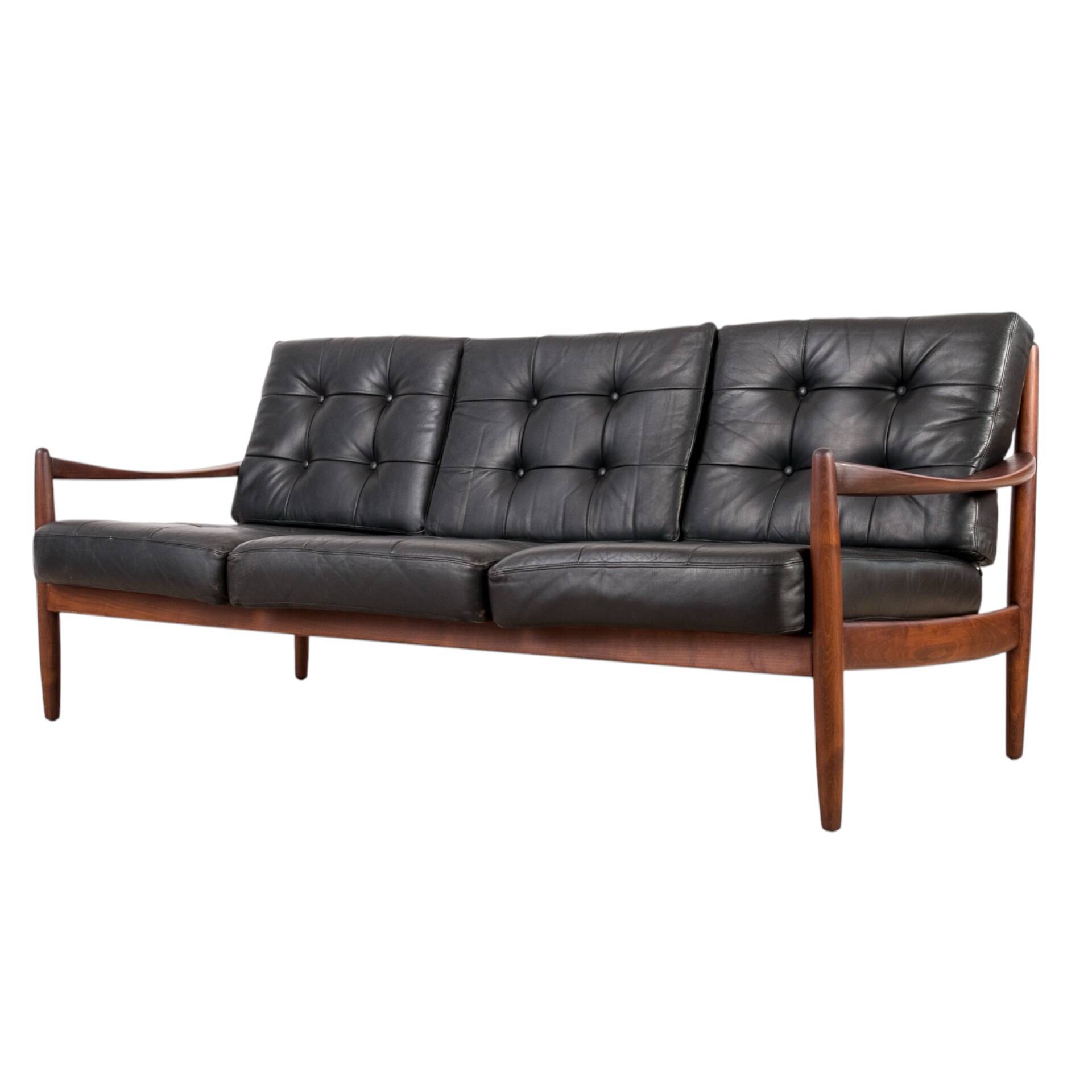 Scandinavian Three-Seat Sofa in Solid Wood and Black Leather, 1960s