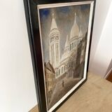 Oil on panel representing Montmartre and the Sacré Coeur, painting of a vintage view of Paris