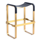 Tabouret de bar de cuisine contemporain métal laiton vieilli et cuir bleu marine