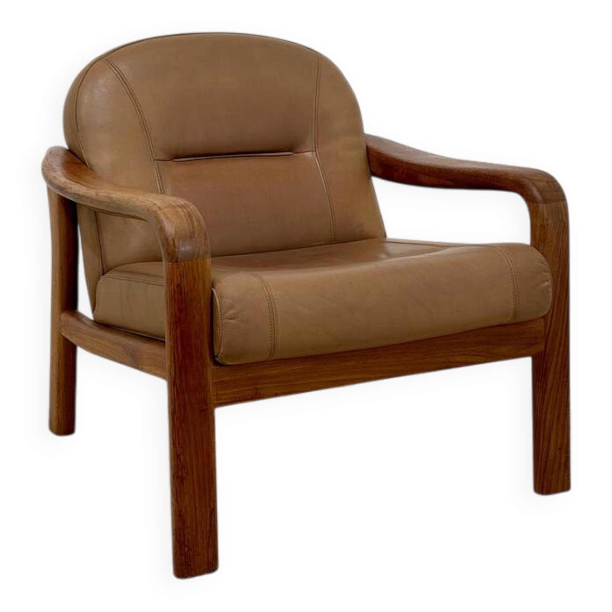 Vintage leather and wood armchair – 1970s