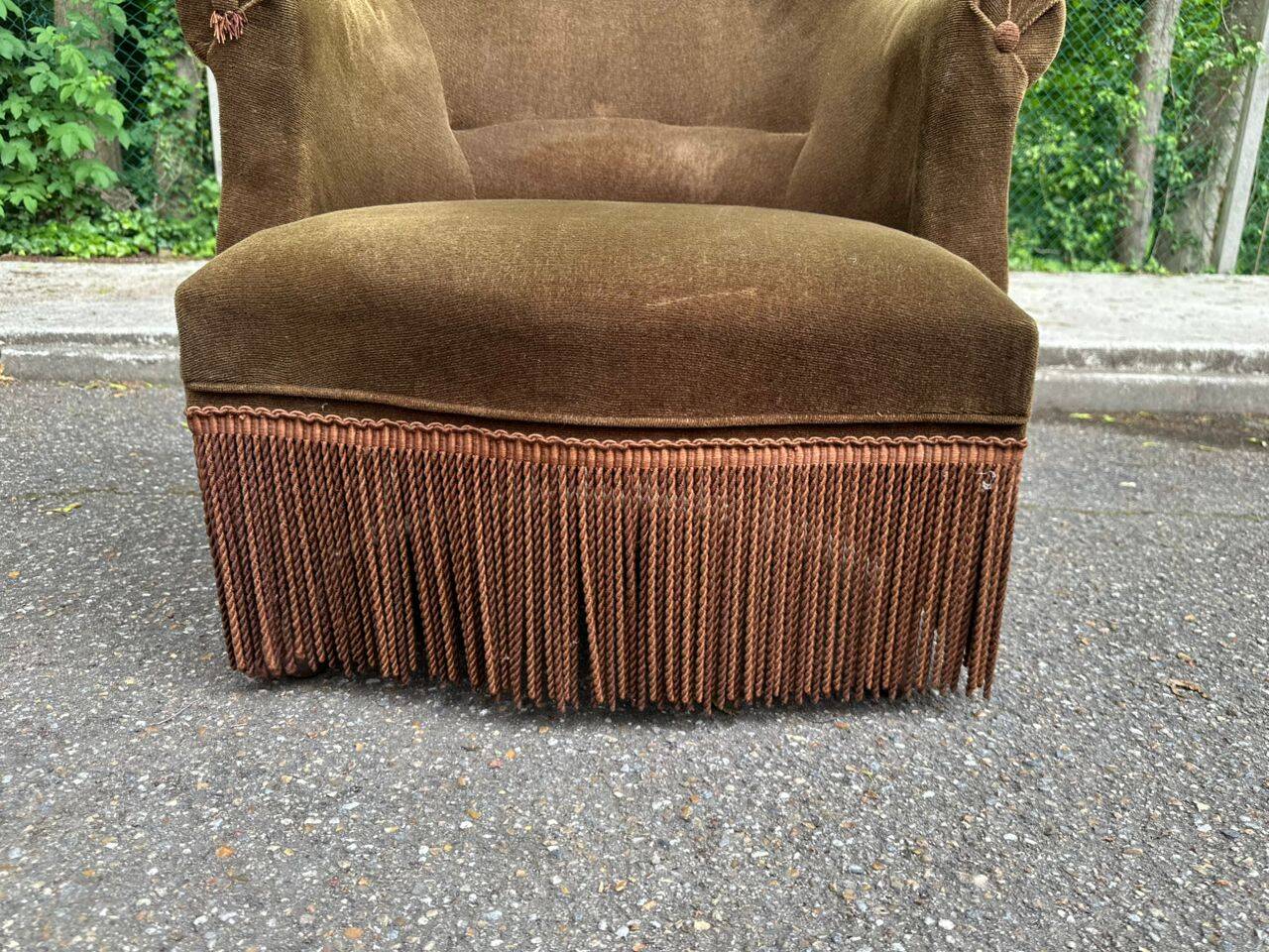 Olive bronze velvet armchair from the 1940s.