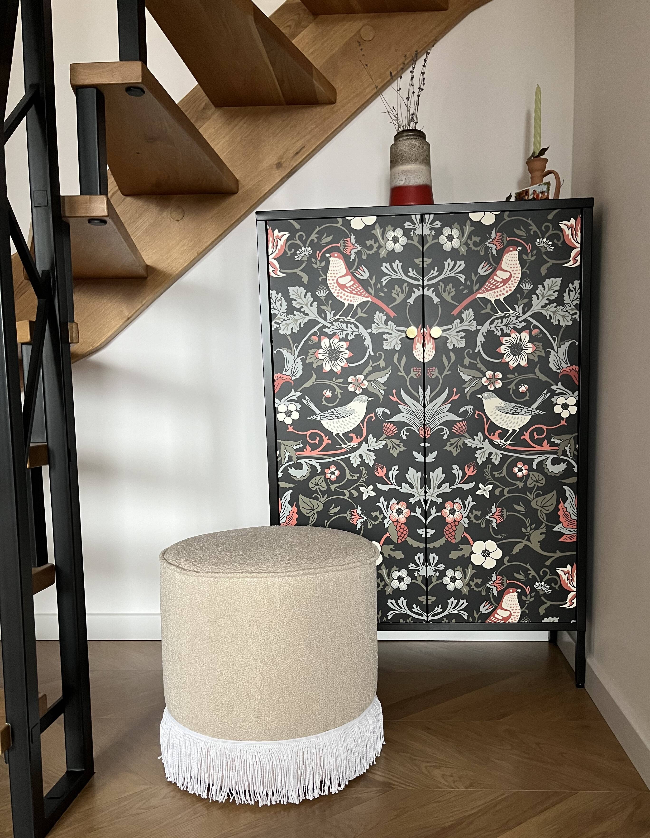 Round Ottoman with Fringe Bottom, Cream Boucle Upholstered Pouf