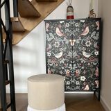 Round Ottoman with Fringe Bottom, Cream Boucle Upholstered Pouf