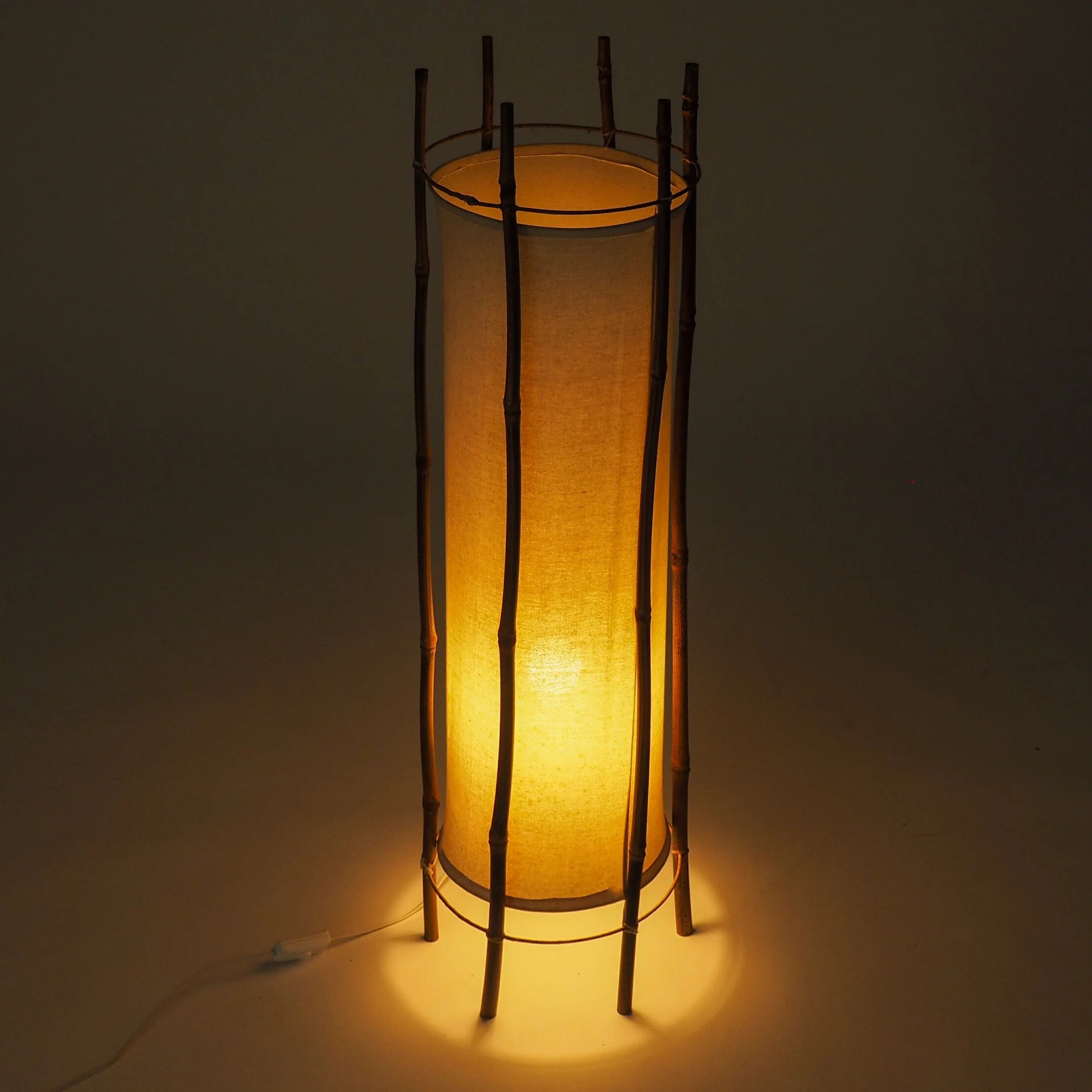 Large bamboo & linen floor lamp by Louis Sognot